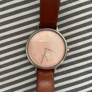 Gently Used Skagen Anita Wrist Watch w/Pink Face & Brown Leather Band